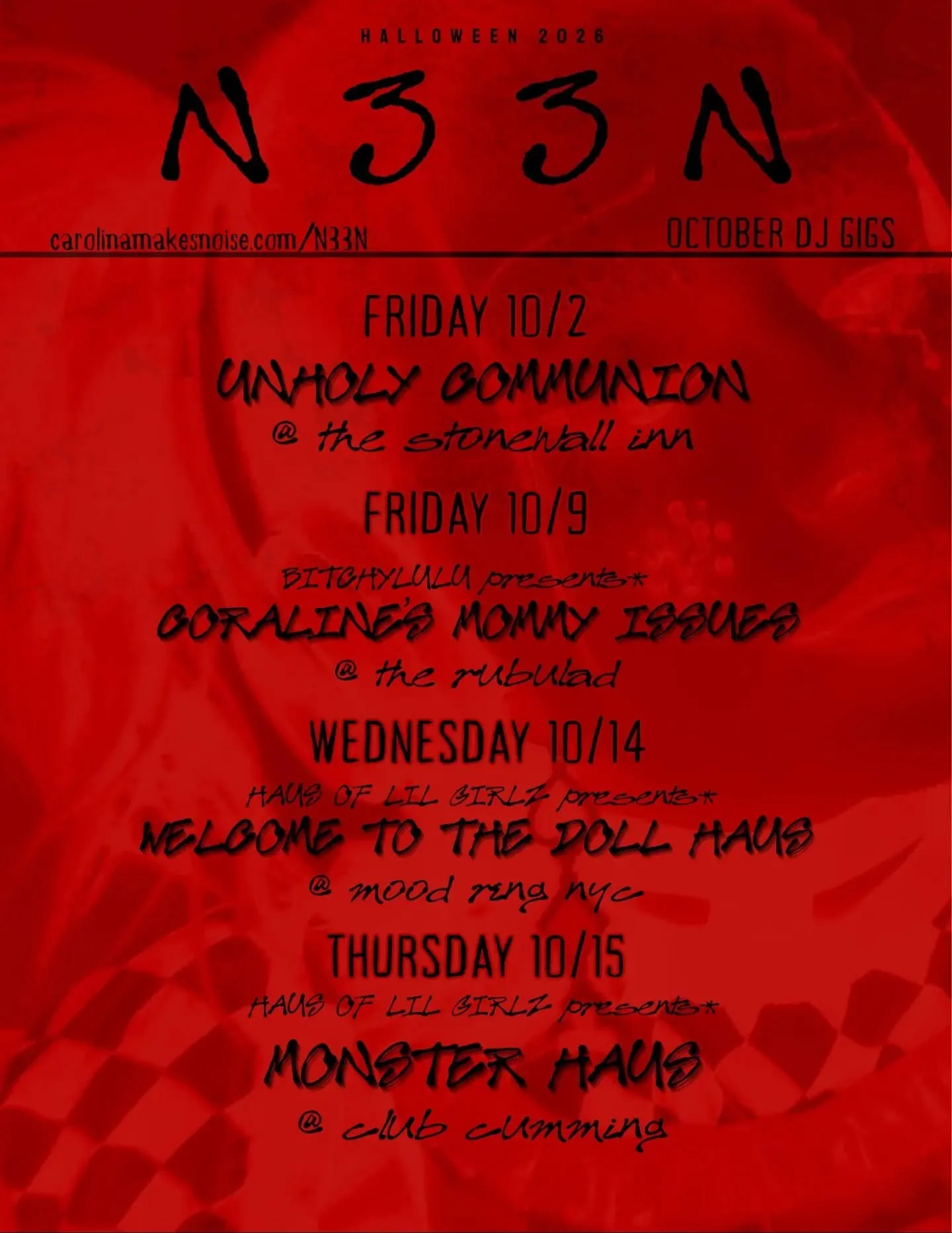 raver beware.....you're in for a scare 👻
all these spooky gigs are giving me goosebumps already 💚 

it all kicks off at @thestonewallinn this Friday !! will be servin up a solo set &amp; an epic B2B with the hallow-queen herself, @sarebertram at @u