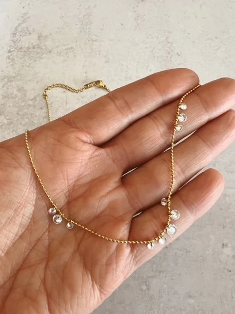 18k Dainty Gold Ball Chain w/Sapphire Crystal's