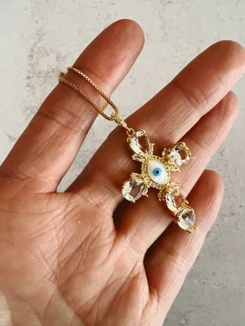 18k Box Chain Sapphire Crystal Cross w/Enamel Evil Eye