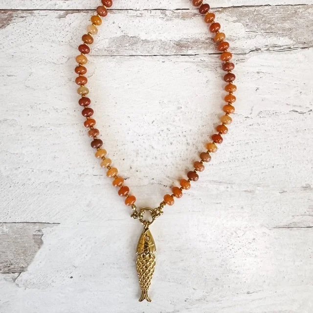 Carnelian Beaded Choker With Gold Fish