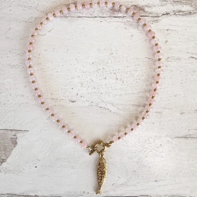 Rose Quartz Beaded Choker With Gold Fish