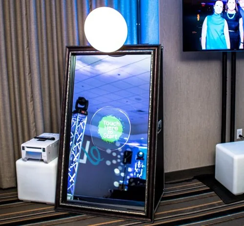 Full length Mirror Booth at a Sound Express wedding event showing a bride posing for an interactive photo session.