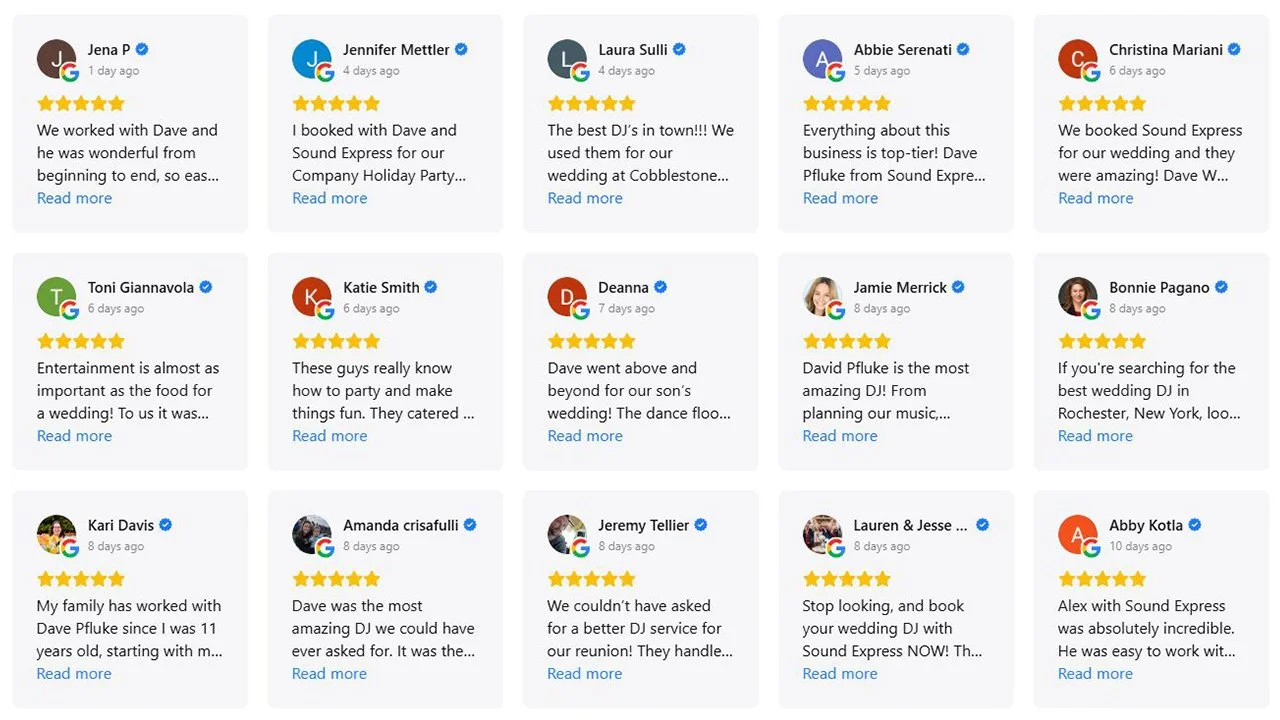 Sound Express Entertainment 5-star Google reviews for wedding DJ services in Rochester, NY. See why local couples recommend our team!