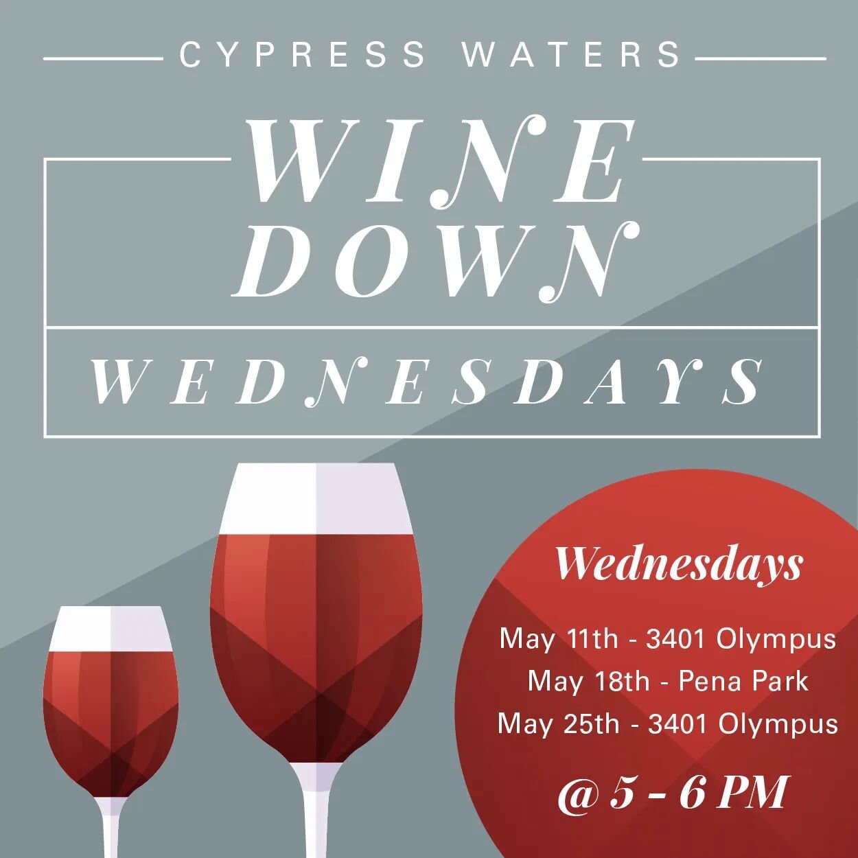 🍷 Wine Down Wednesdays are back! Tenants are invited to join us this week on Wed, May 11th at the Plaza between 3401 &amp; 3501 Olympus Blvd. We'll bring the wine and snacks, you bring your coworkers. See you then!