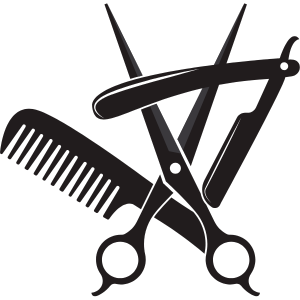 A collection of black hairdressing tools, including scissors, a comb, and hair clips, arranged on a black background.