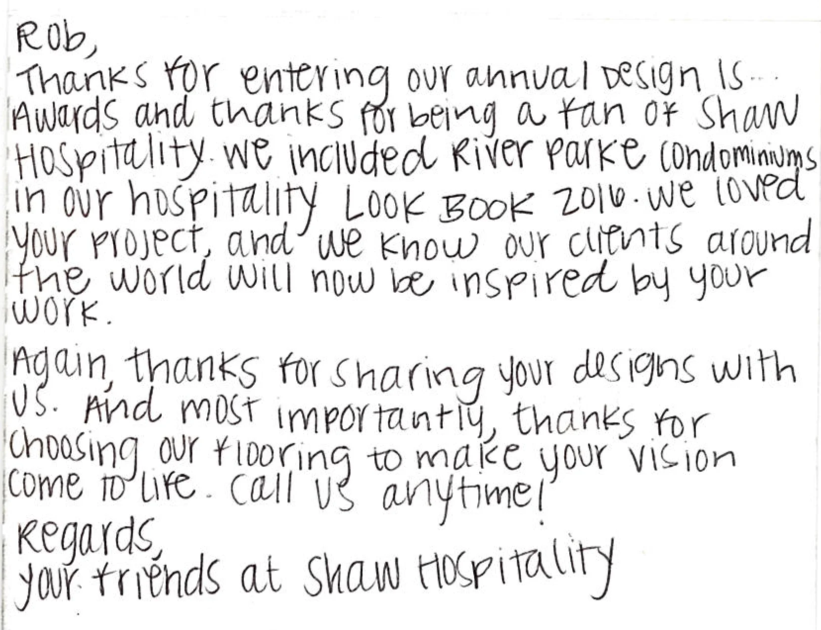 Card from Shaw Hospitality