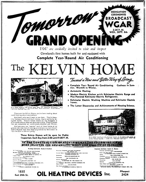 This ad announcing the grand opening of the Kelvin home ran in the Cleveland Plain Dealer, Press and News in September 1937.