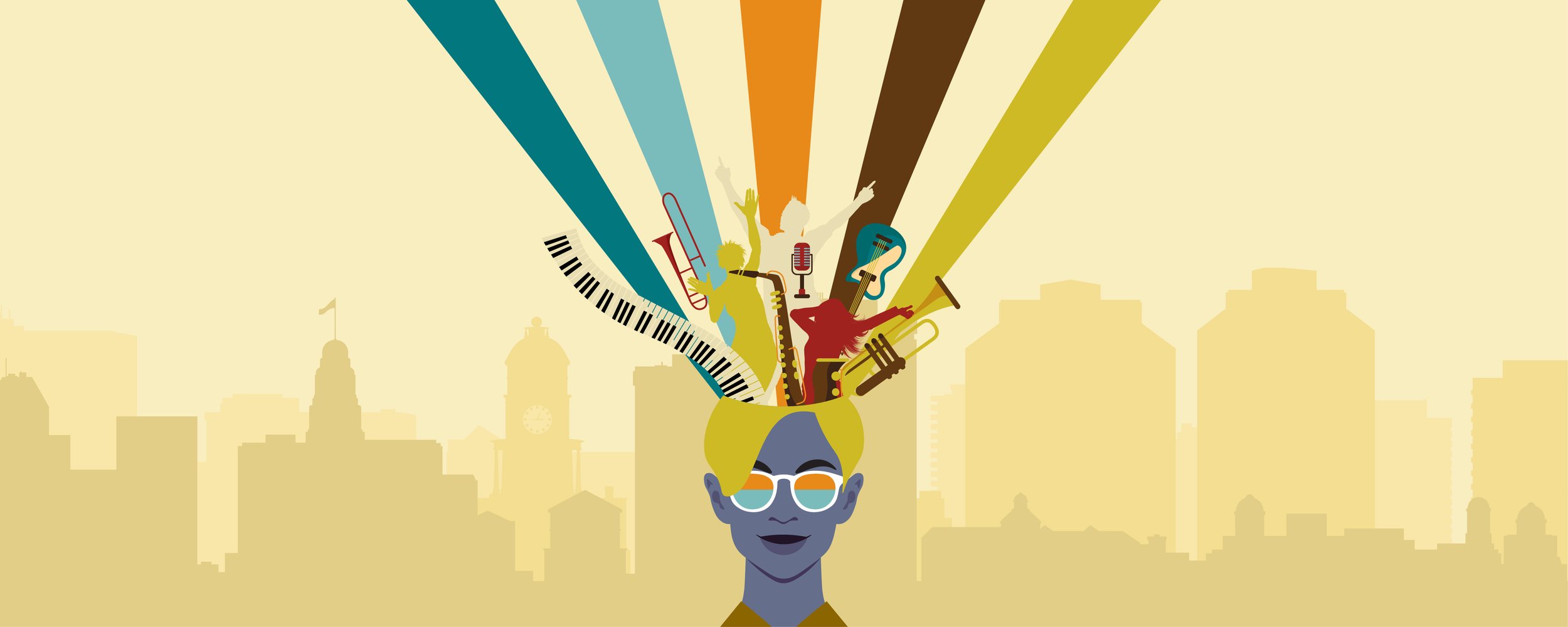 Image of person neck up in center of a banner wearing glasses set infront of the Halifax Skyline with various musical instruments escaping from their head