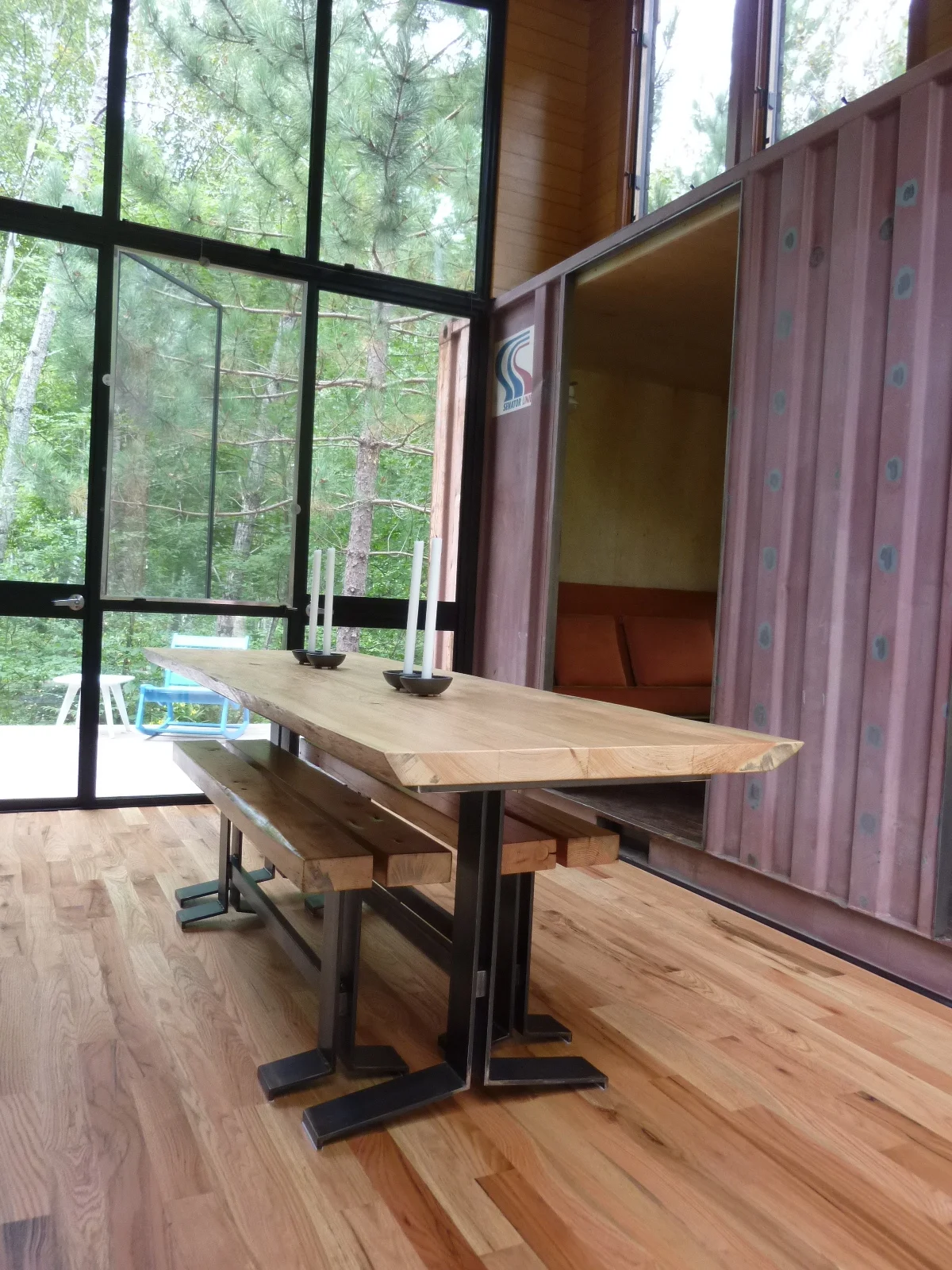  A simple dining table with matching benches. &nbsp;The base is hot rolled bar stock. &nbsp;The table top is a hand-planed locally harvested white pine with live edges. &nbsp;The bench tops are reclaimed wormy southern yellow pine I had lying around 