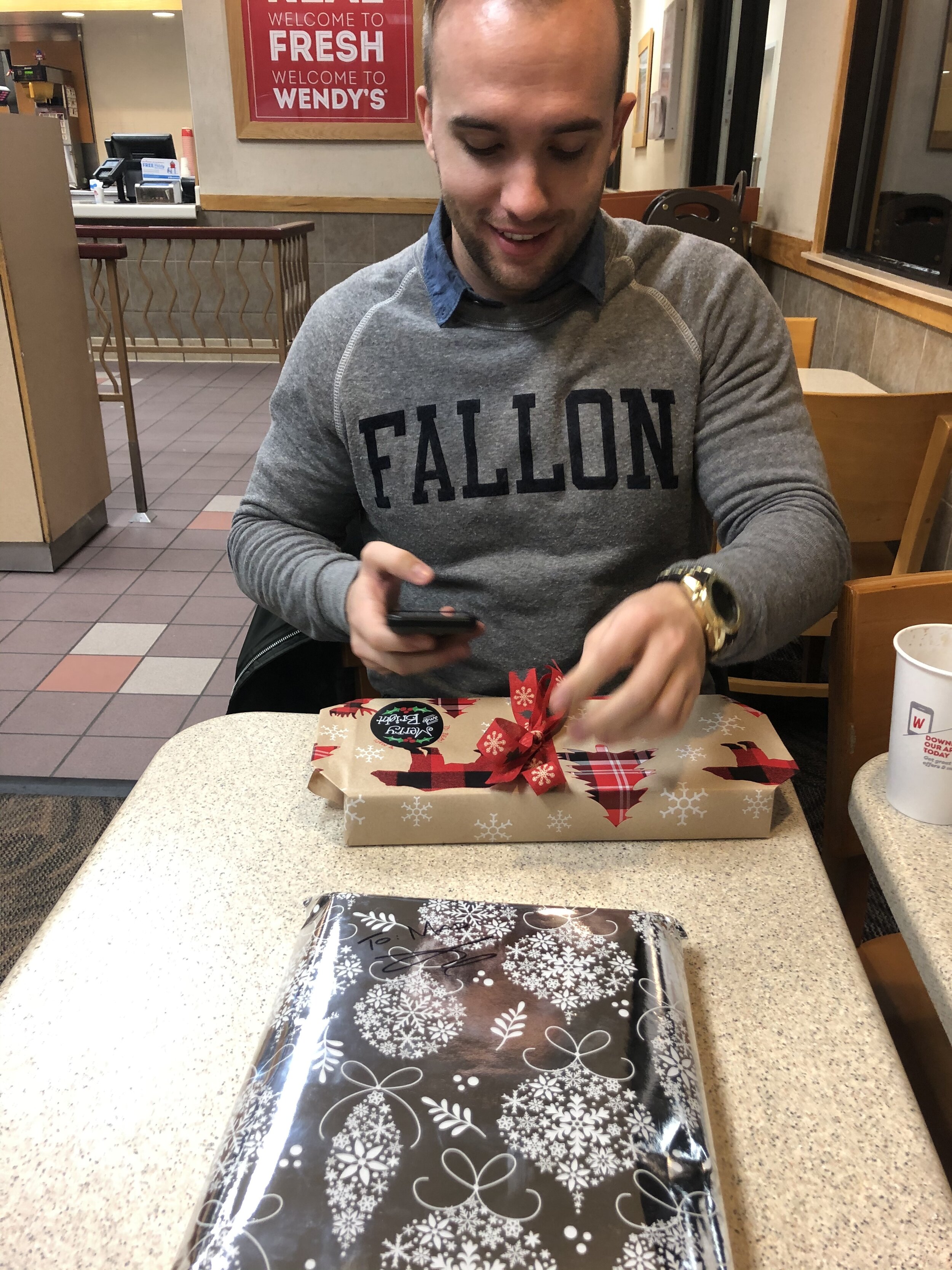 Exchanging gifts at Wendys, the only place open on Christmas Eve apparently.