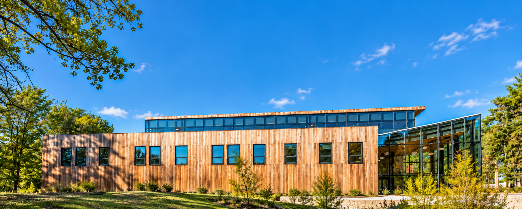 Modern Wood and Glass Campus Under Blue Skies.png
