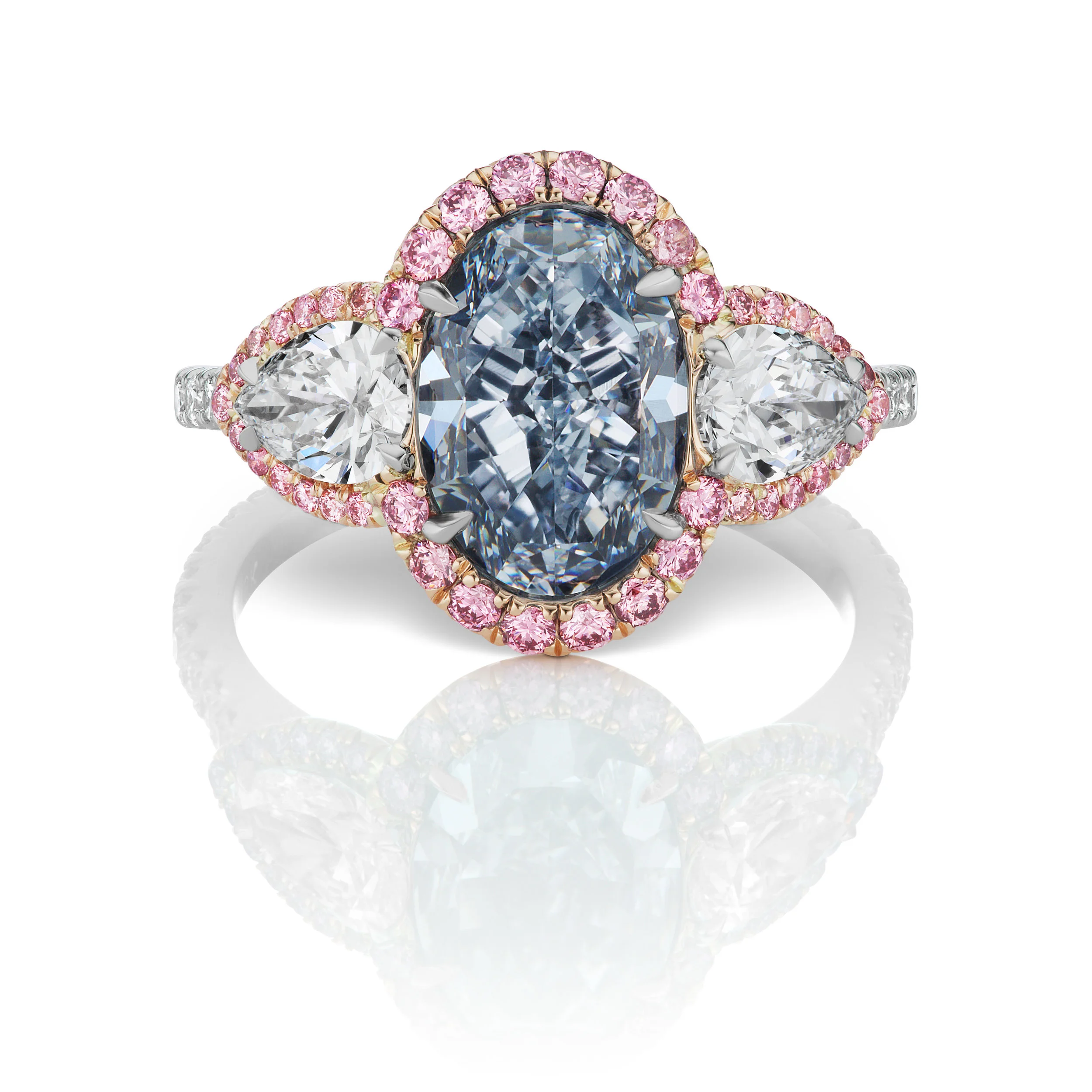 3.04 carat intense blue oval shaped diamond vs set platinum accented by argyle pink diamonds designed by Scott West