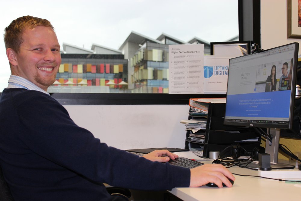 Brenton enjoys the company of other entrepreneurs and a birds eye view of Bendigo Adelaide Bank's headquarters from his co-working space in Synergize Hub.
