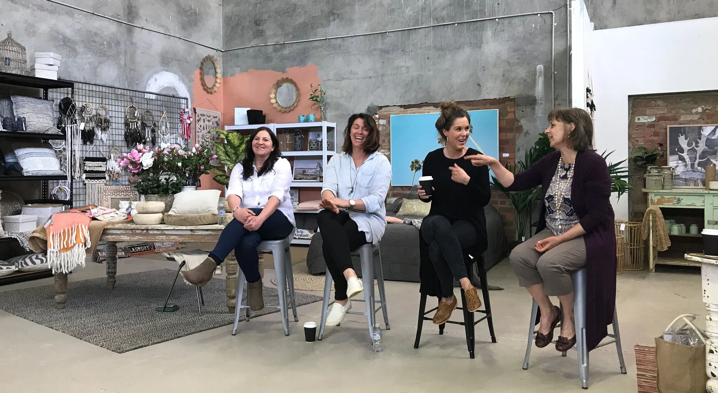(L-R) Jenni Finn from Factory and Field in Cohuna, Lauren Mathers from Bundarra Berkshires in Barham, and Andrea Harrison from Kawaii Kids in Birchip, engaged in conversation with Kerry Anderson to celebrate the International Day of Rural Women on 15 October, 2017.