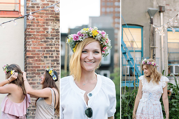 Previous class attendees show off their finished flower crowns.