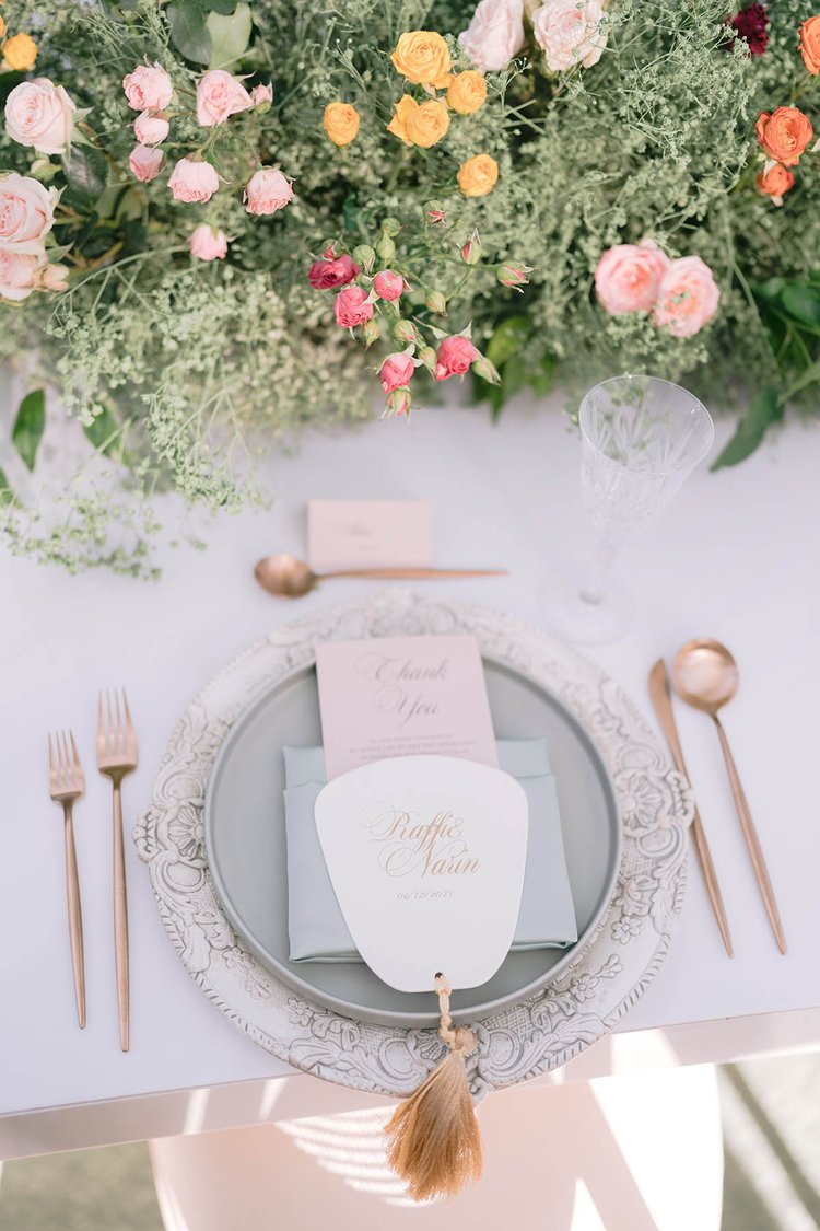 Colorful spring wedding florals at a dinner place setting - LA reception designed by Eddie Zaratsian Lifestyle and Design