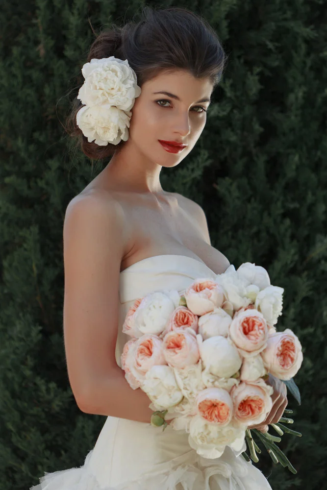 Peony Bridal Floral Bouquet and Hair Accessories designed by Eddie Zaratsian Lifestyle and Design, Photos by Apertura Photography