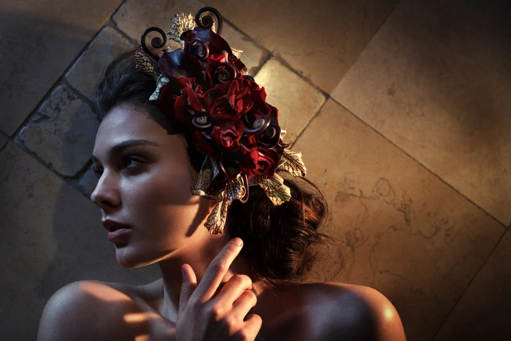 Dramatic Rose Bridal Hair Accessory designed by Eddie Zaratsian Lifestyle and Design, Photos by Apertura Photography