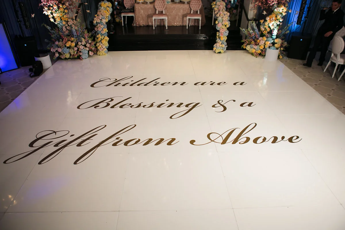 Spring butterfly themed baptism reception dance floor decal - floral design by Eddie Zaratsian