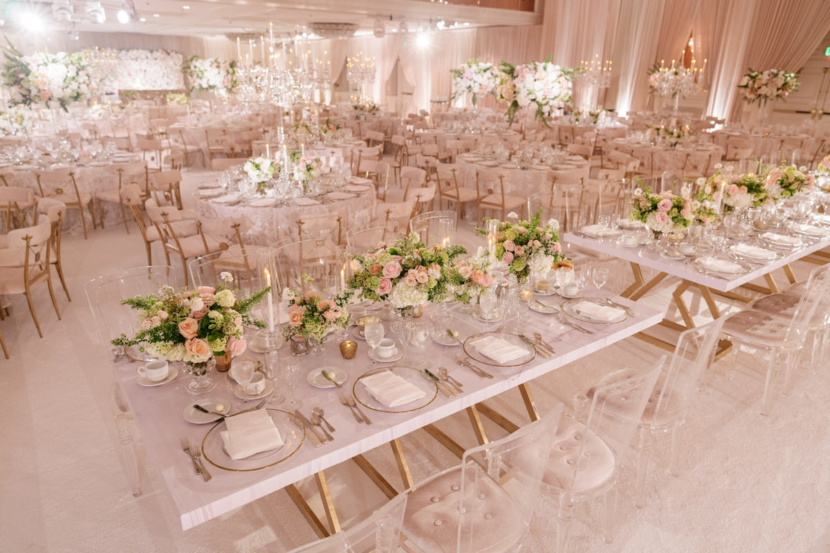 Modern pink, cream and copper wedding reception decor designed by Eddie Zaratsian, photo by Kris Kan