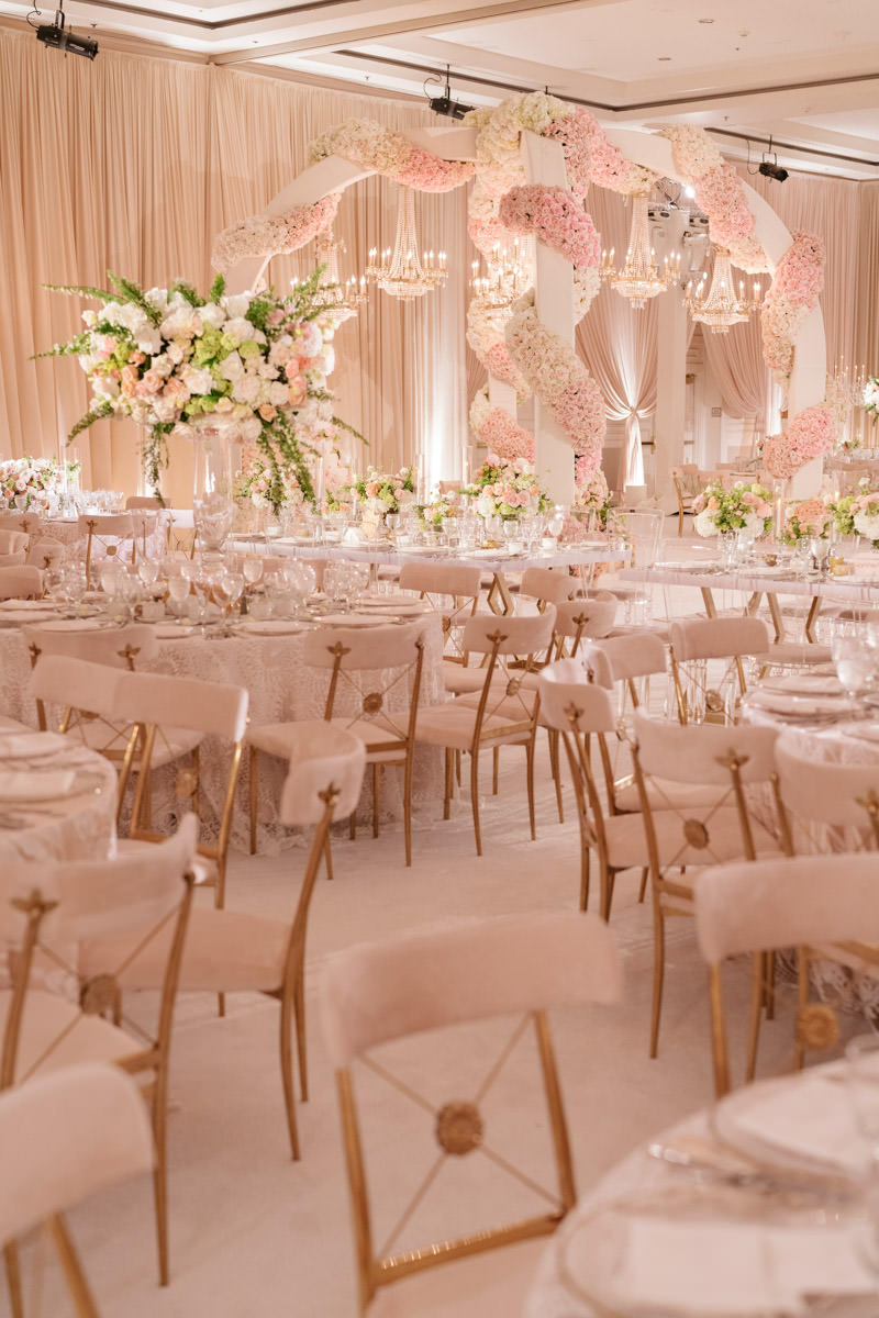 Pink, cream and copper wedding reception decor designed by Eddie Zaratsian, photo by Kris Kan