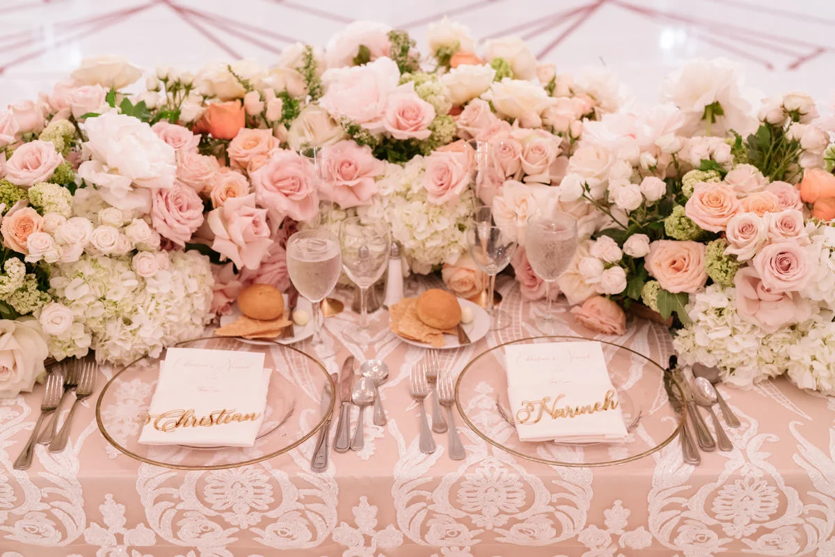 Incredible pink, cream and copper wedding table settings and florals designed by Eddie Zaratsian, photo by Kris Kan
