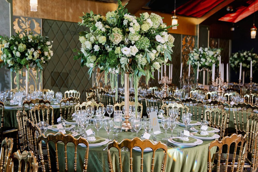 Los Angeles wedding reception at Diaghilev Restaurant, with green and white florals by Eddie Zaratsian