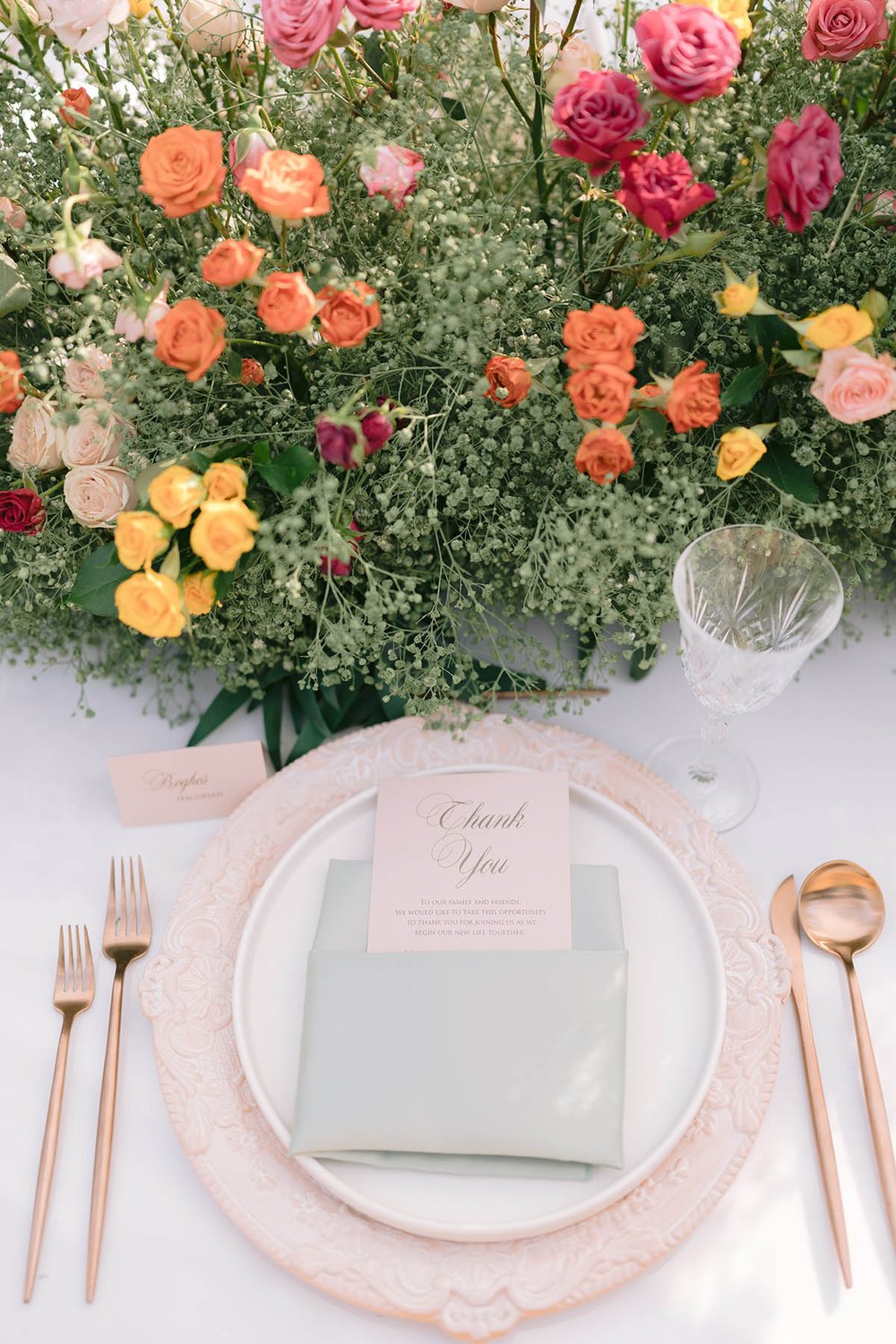 Colorful spring wedding florals at a dinner place setting - LA reception designed by Eddie Zaratsian Lifestyle and Design
