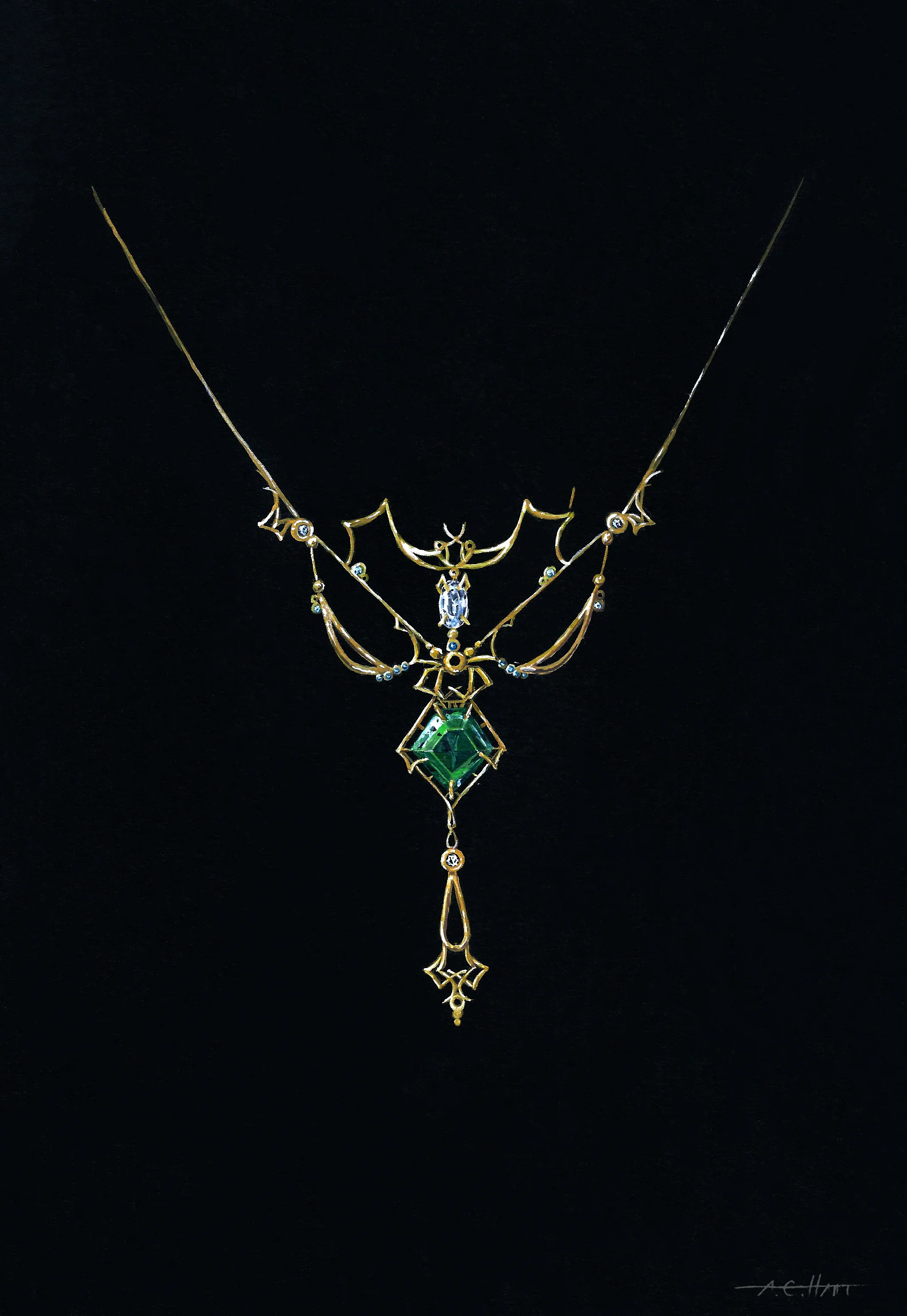 Necklace design, art nouveau inspired, 24k gold, diamonds, emerald, saphires. gouache, ink on paper 8.5" x 11" 2017 A. C. Hart