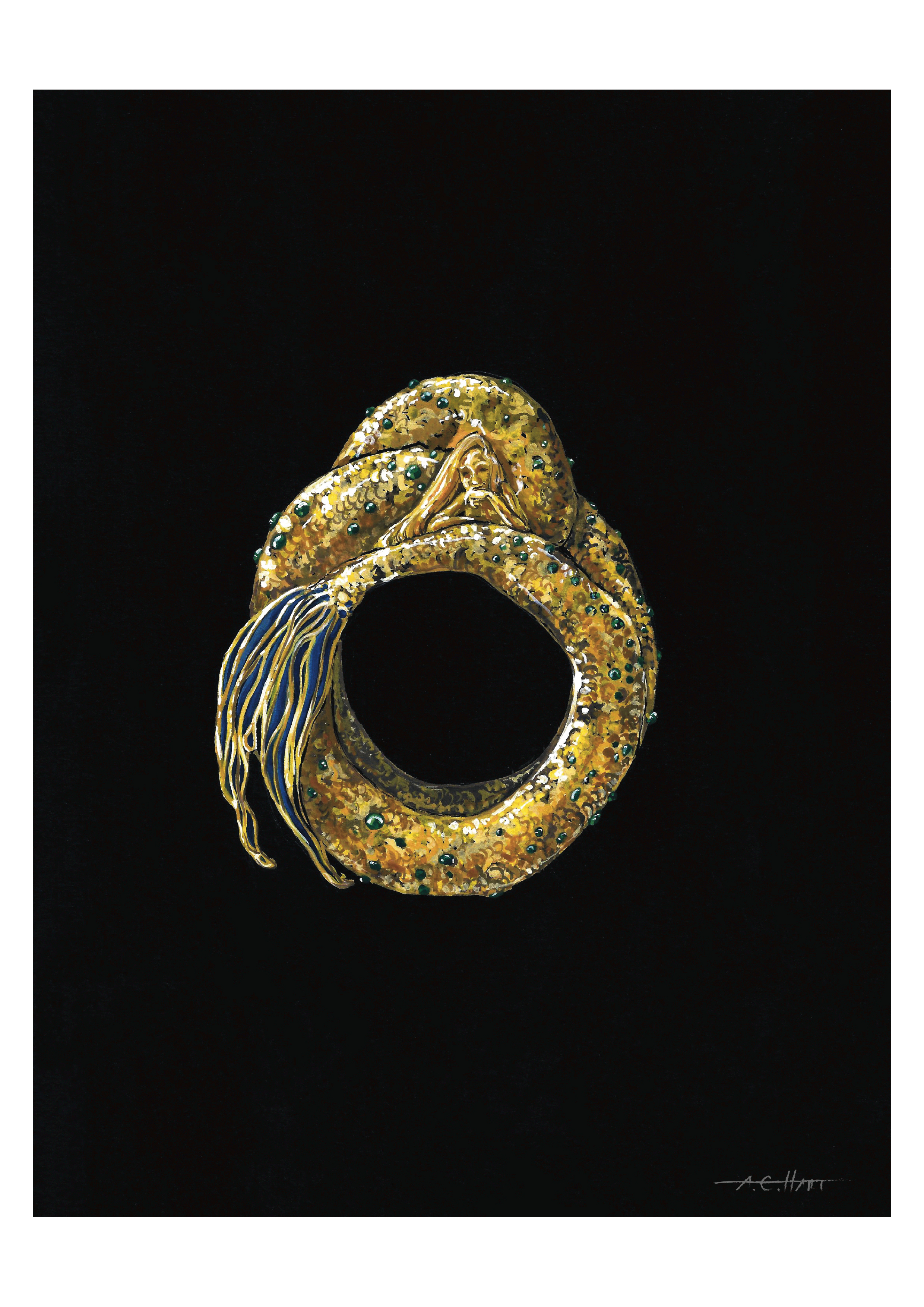 Gold Mermaid cuff bracelet encrusted with cabochon emeralds and enamel. gouache and ink on paper 8.5" x 11" 2017 A. C. Hart