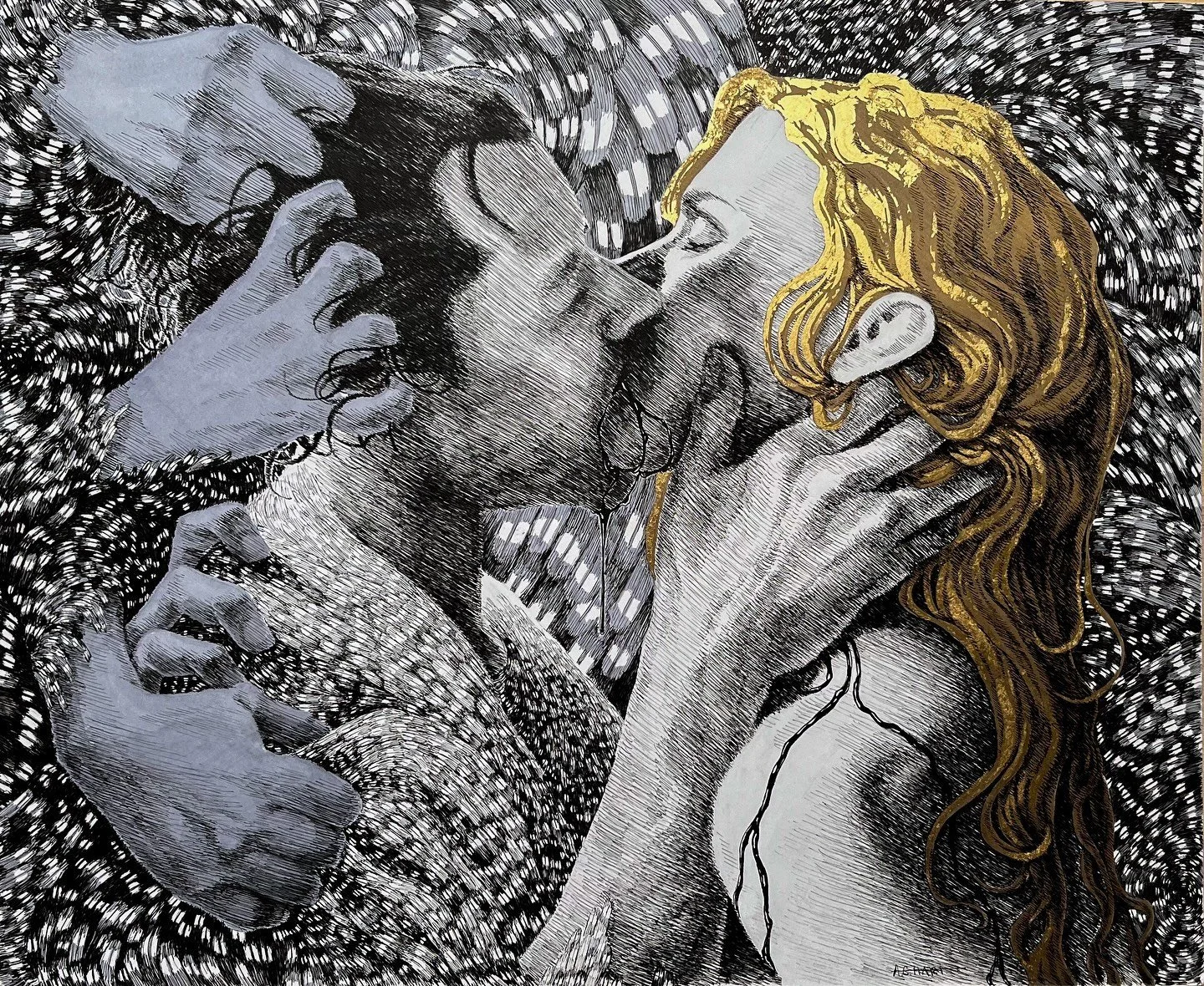 Your skin like dawn
Mine like musk

One paints the beginning
of a certain end.

The other, the end of a
sure beginning.

- Maya Angelou, &lsquo;Passing Time&rsquo;

.
.
.
Consequences 
Pen, ink, gold leaf, adhesive
Bristol
14 x 18&rdquo;
2024

#illus