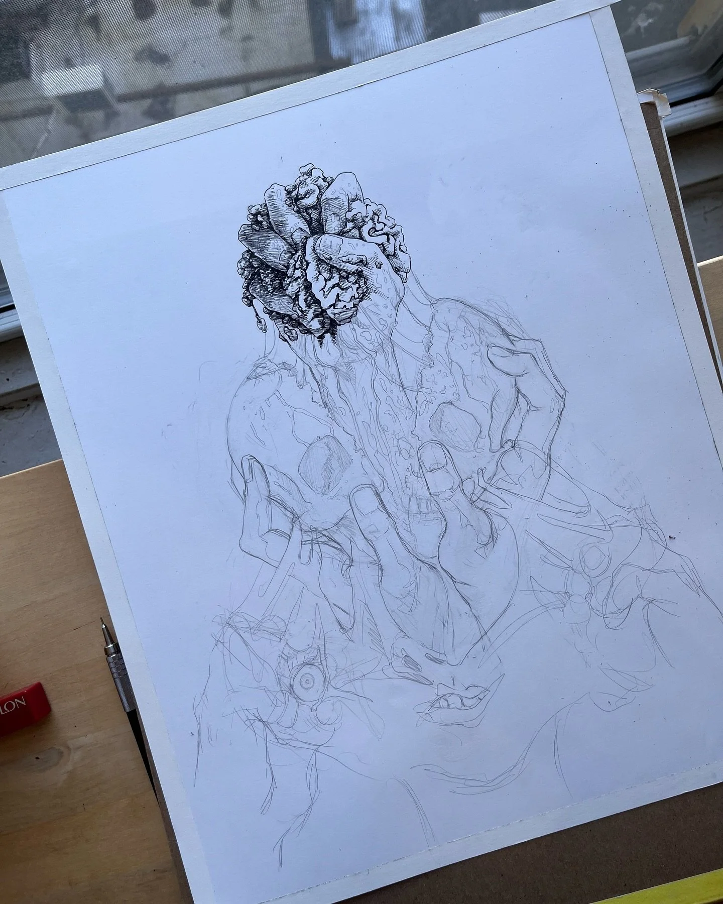 Stages of this one as I worked on it - WIP

14x17&rdquo;
Ink in Bristol

#illustration #horror #horrorart #handdrawn #surrealism #haunted #hands #skull #artist #halloween