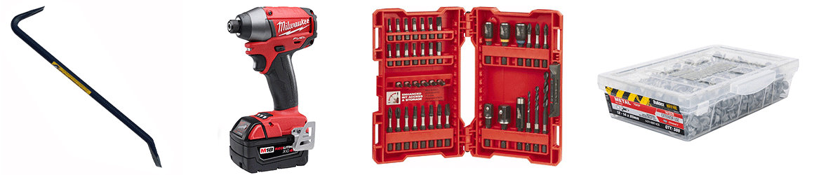 Pry Bar, Impact Driver, Fixing Bits, Hex Head Metal Tek Screws are all you need.
