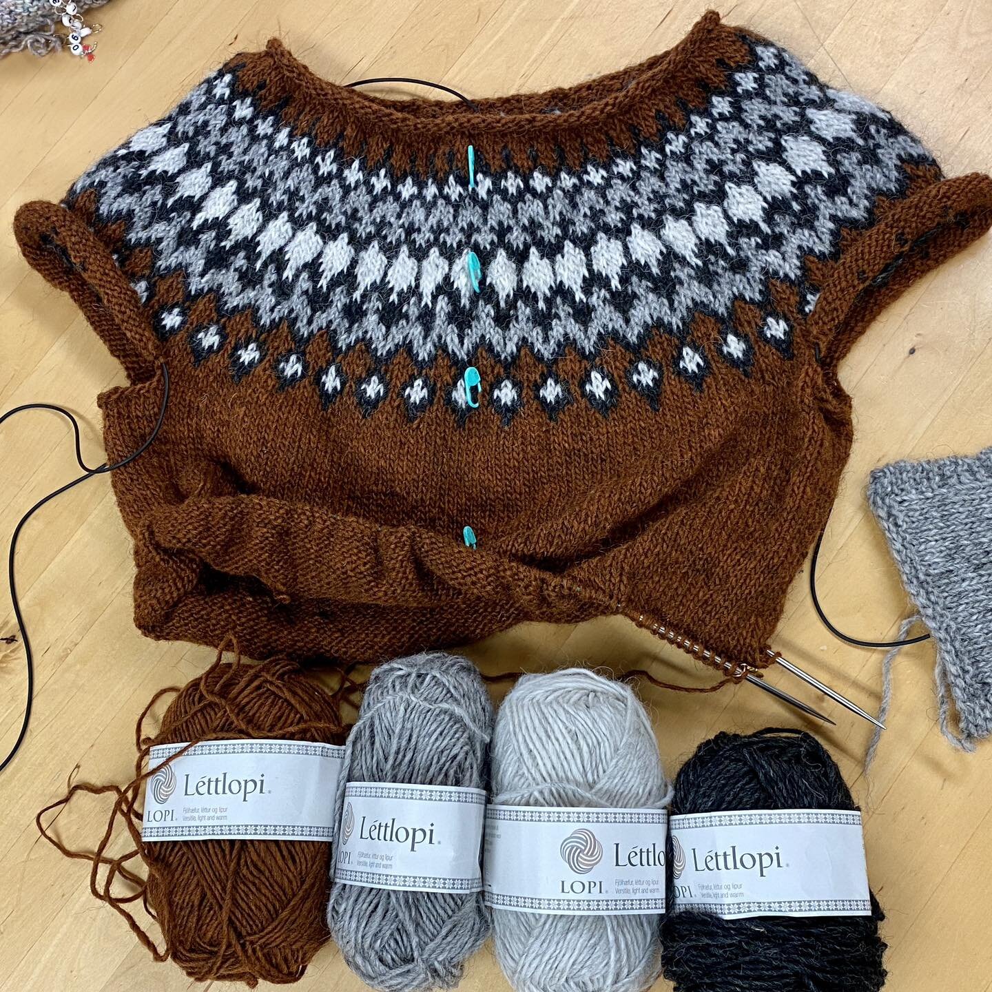 There are always a lot of WIPs floating around the shop! Here are two we are loving right now. Miechelle&rsquo;s Treysta by Jenn Steingass is working up sooo quickly in Aran weight Lettlopi. And Brooke is using Madara by Noro for a wear-with-everythi