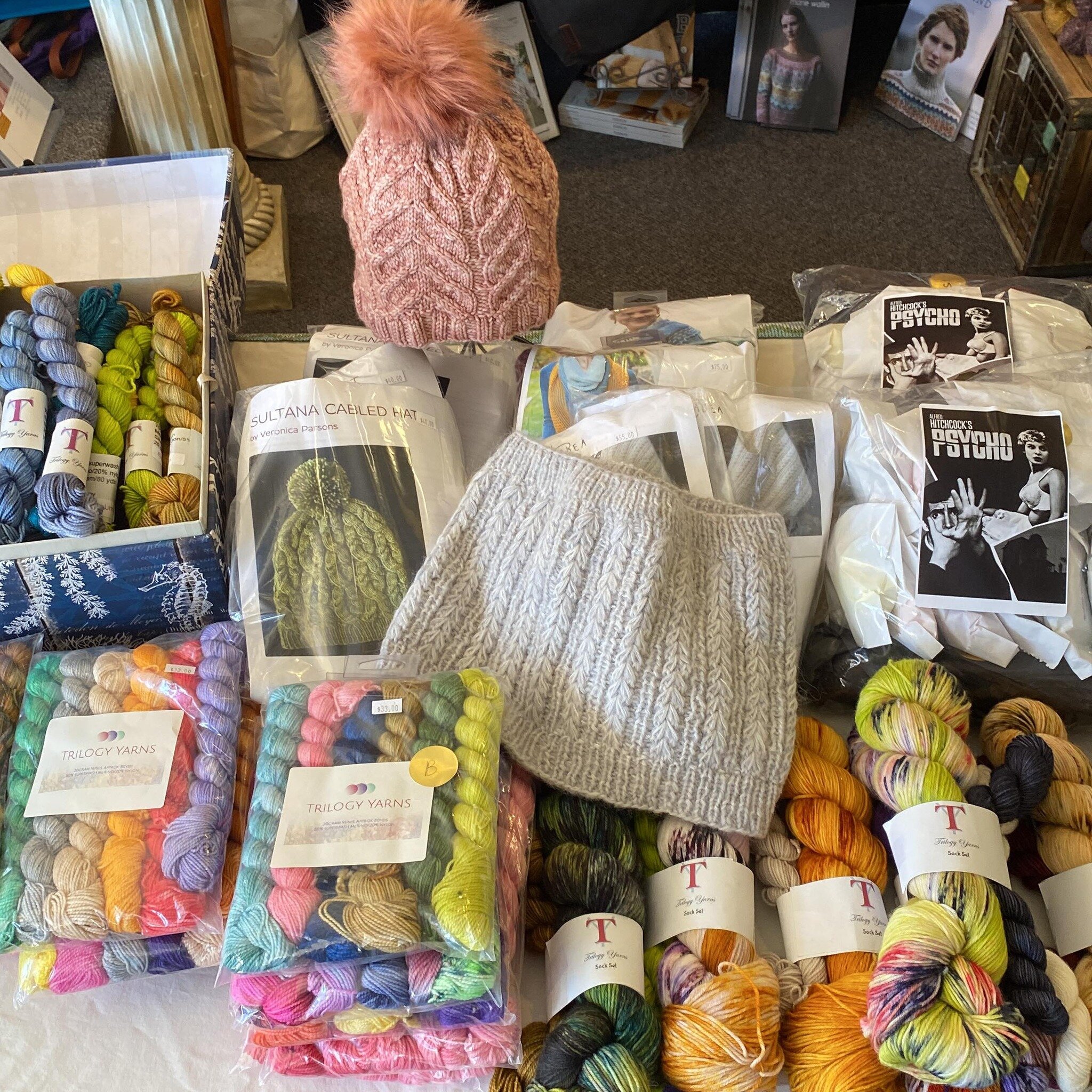 Trilogy Yarns trunk show time! Nancy brought so.much.yarn. And my oh my, the samples💕You won&rsquo;t want to miss this. Come on in Friday and Saturday from 10am-5:30pm.  #trilogyyarns #trilogyyarnstrunkshow #wildfibersyarns #yarnlove #fortheloveofya