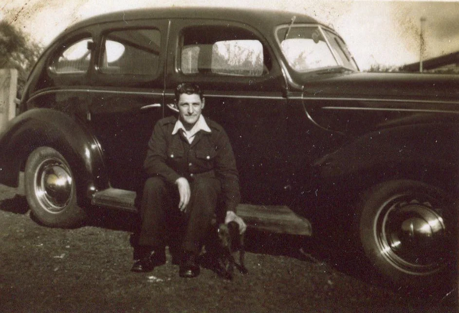 Carlo Fuccaci, Italian prisoner of war in front of my grandfather Charles Tyler's car on Tyler farm at Sheffield, Tasmania.