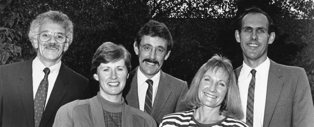 The Independents election campaign photo, 1989. Lance Armstrong, Christine Milne, Gerry Bates, Di Hollister and Bob Brown.