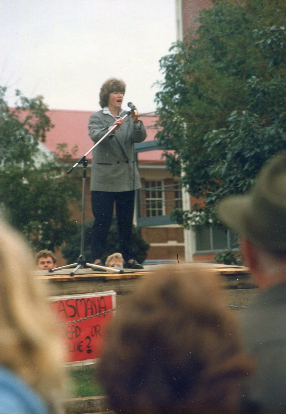 Australian first based on French farmers: Farmers' tractor rally from Wesley Vale to Devonport High School rally, 1988. Speakers Milne, Bb Brown, Peter Cundall and Peter Conroy.