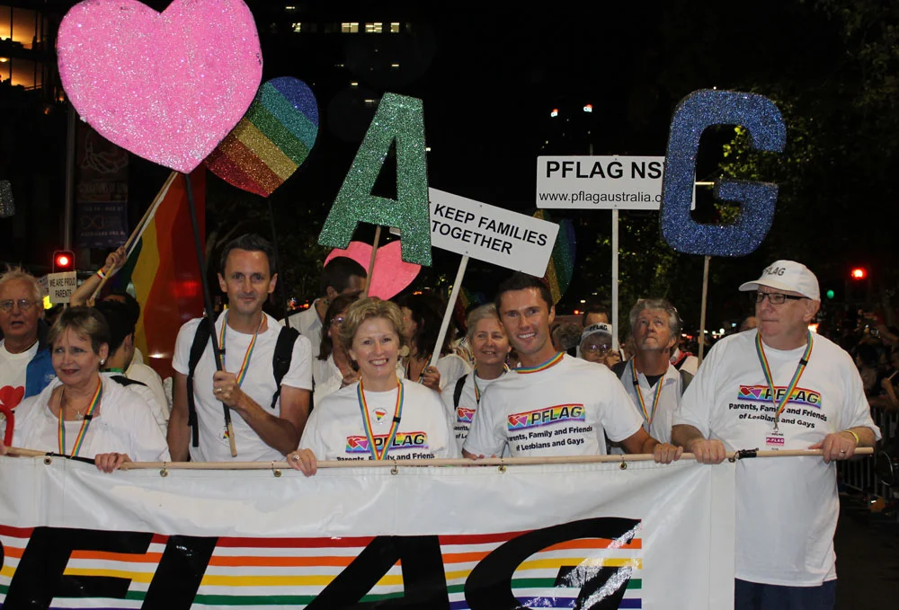 At Sydney Mardi Gras with my son Tom in 2013 marching with PFLAG.
