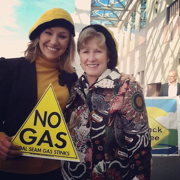 Standing proudly and wearing the KNAGs berets with Larissa Waters at a Lock the Gate and Knitting Nannas protest at parliament House.
