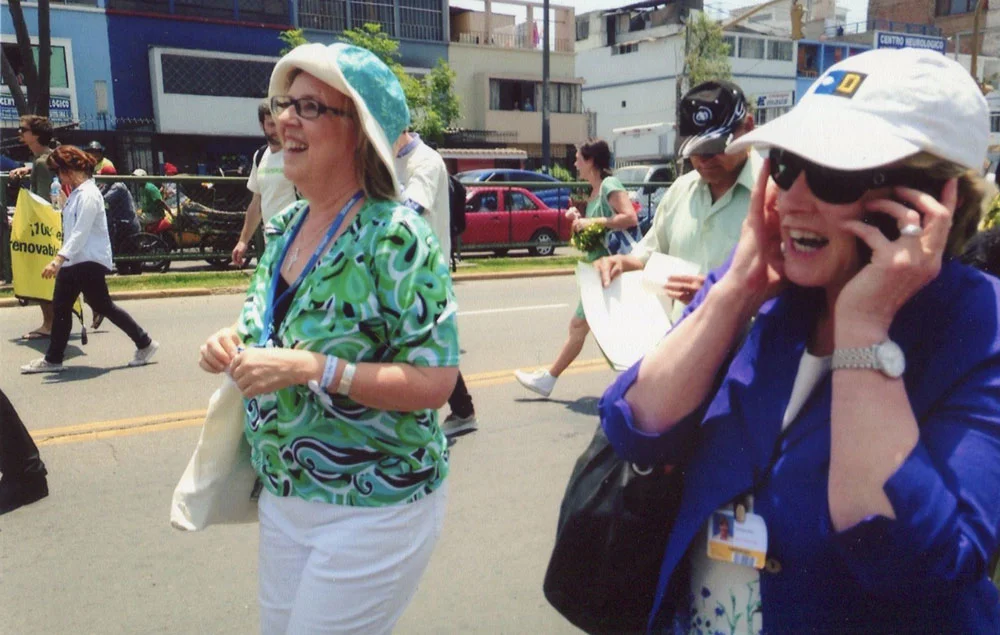 Doing radio interview during Climate March in Lima, COP 20 with Canadian Greens Leader Elizabeth May, Canada.