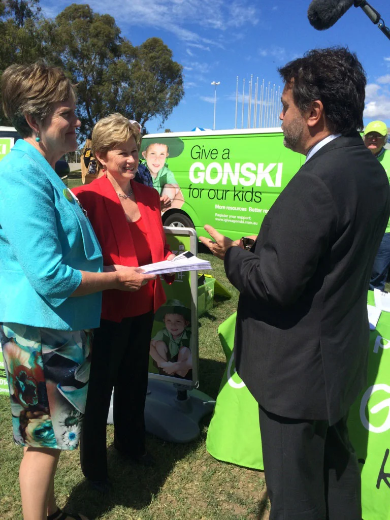 Committing to Gonski with Senator Penny Wright and Angelo Gavrielatos from AEU in 2013.