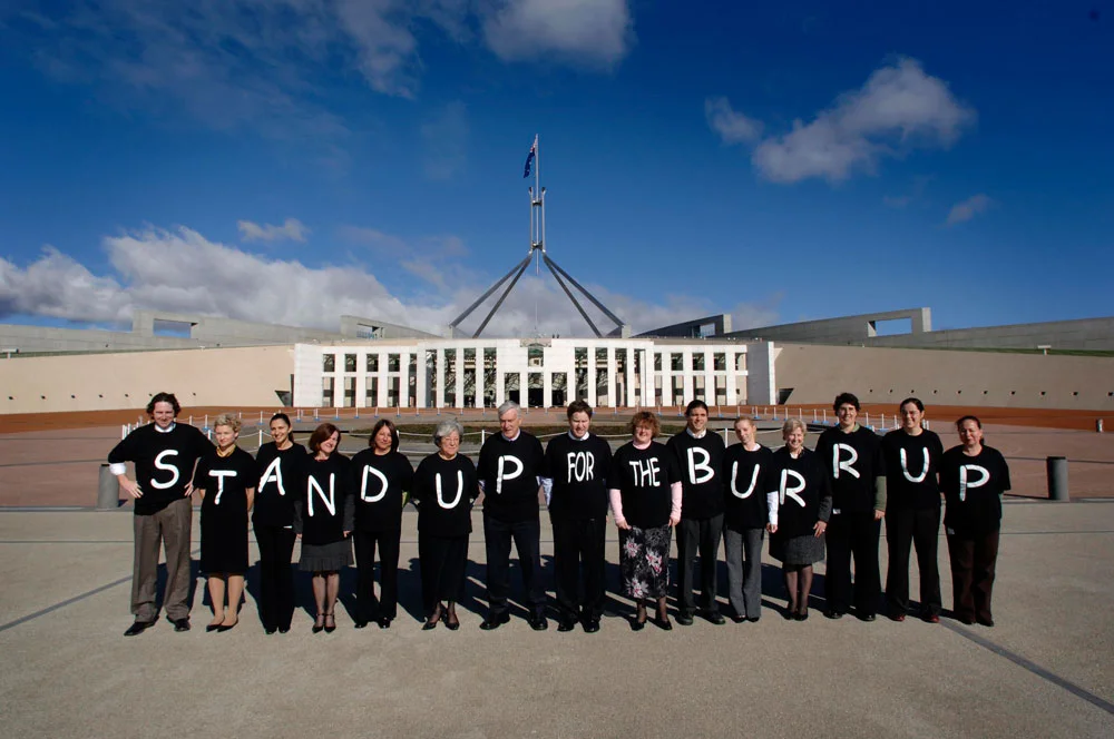 Self and others protesting to save the Burrup from industrial pollution, Parliament House, Canberra.