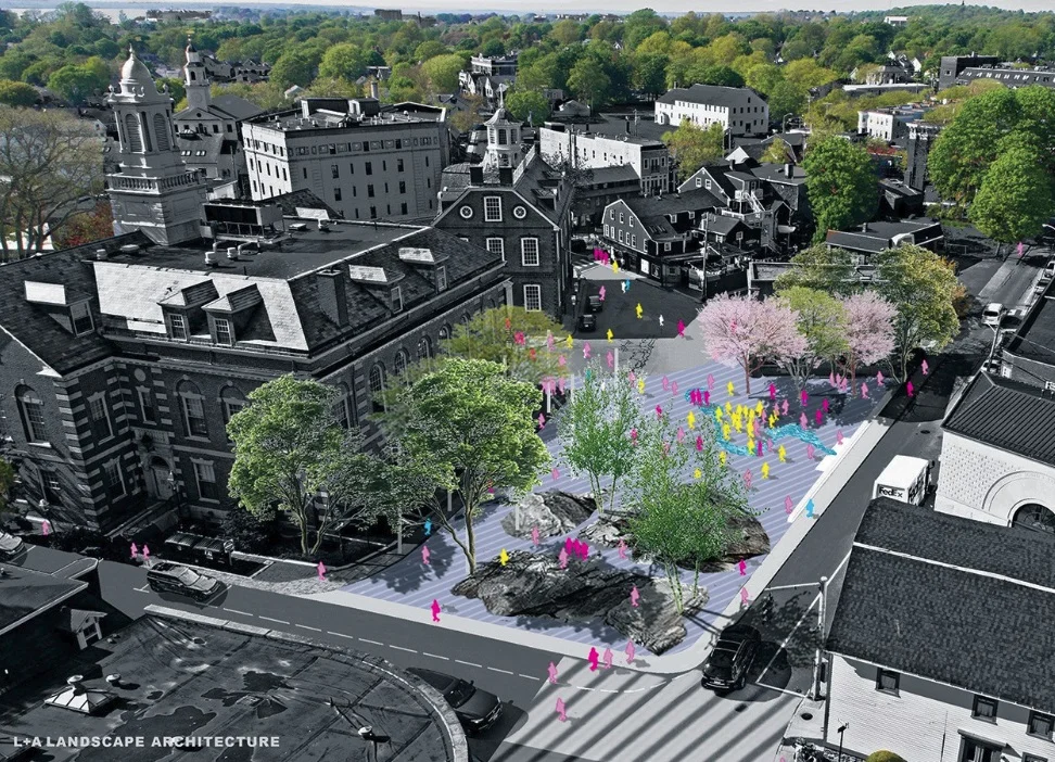 A rendering by L + A Landscape Architecture shows the new public space that would be created from the Florence K. Murray Judicial Complex, at the left side of the image through to Spring Street.