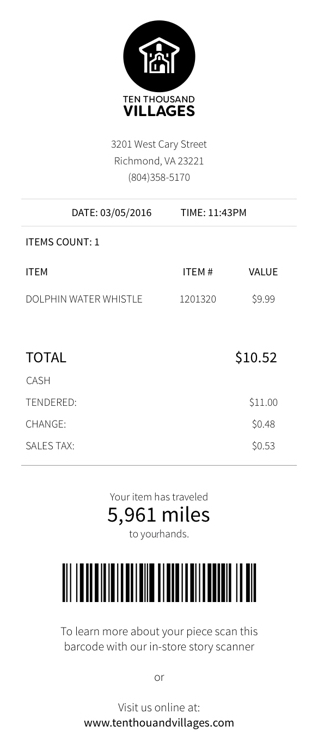 Receipt + Receipts tell shoppers how many miles that their item has traveled, sparking curiosity. + Scan the barcode at the kiosk to learn the story behind your purchase.