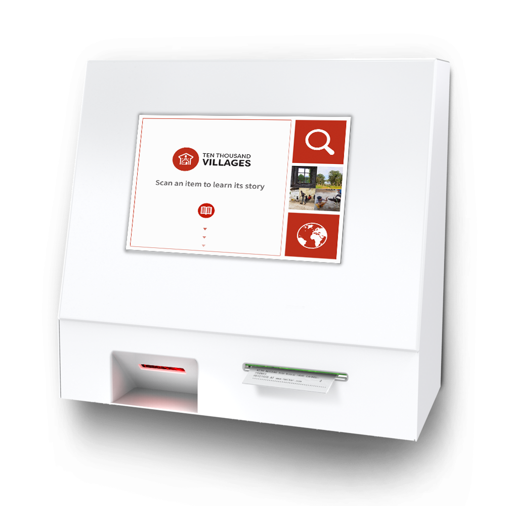 The kiosk has two functions: 1) Shop via a digital globe to find goods 2) Take items that are found in-store or a purchase receipt and scan the barcode.