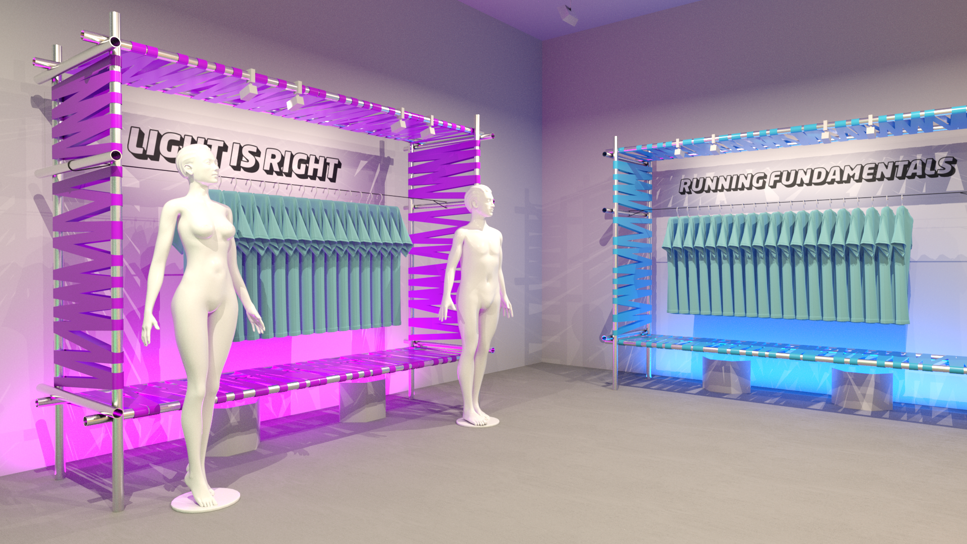 Simple freestanding apparel displays made from aluminum tube and flagging ribbon. Designed for Dera Lee Productions .