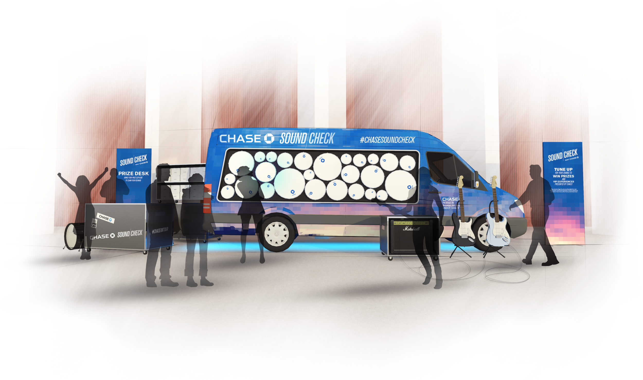 Customized Sprinter van activation at The Forum in Los Angeles. Playing a connected electric guitar would start a randomized digital drum-roll with prize. Interactive designed with Dave & Gabe .