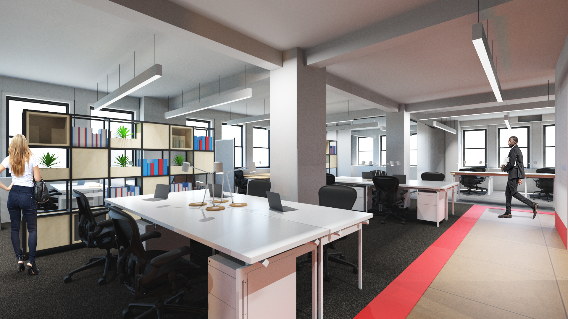 Office design for mid-size marketing agency , with custom furnishings and fixtures. Designed with Leisure .