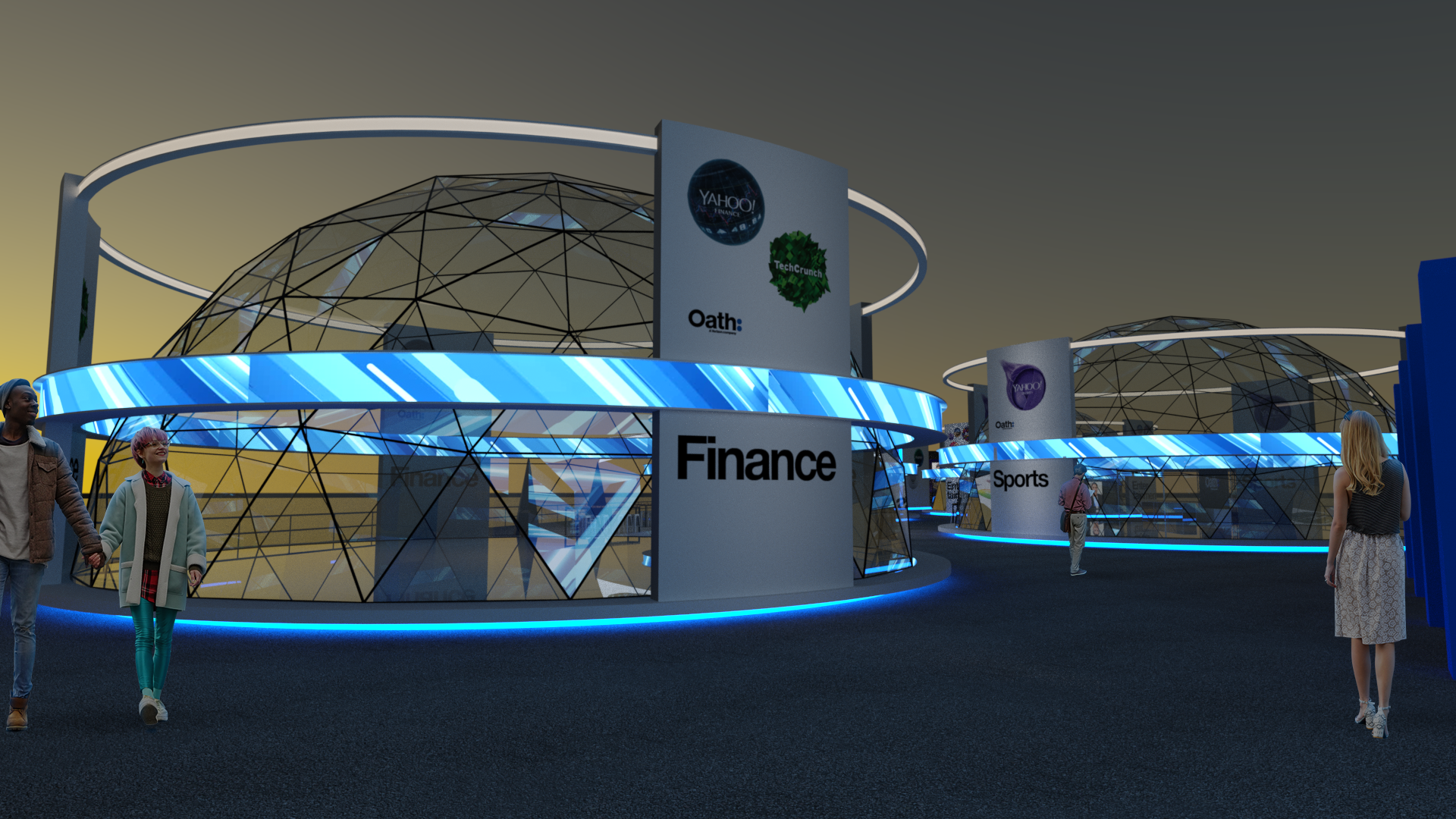 Outdoor pavilions and video structures built around transparent event domes for an outdoor media upfront . Designed with FIRST .